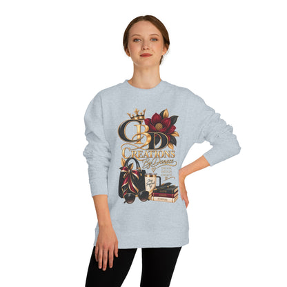 Crewneck Sweatshirt — CBD Creations Boutique Logo Graphic (Crown, Flowers, Books & Coffee)