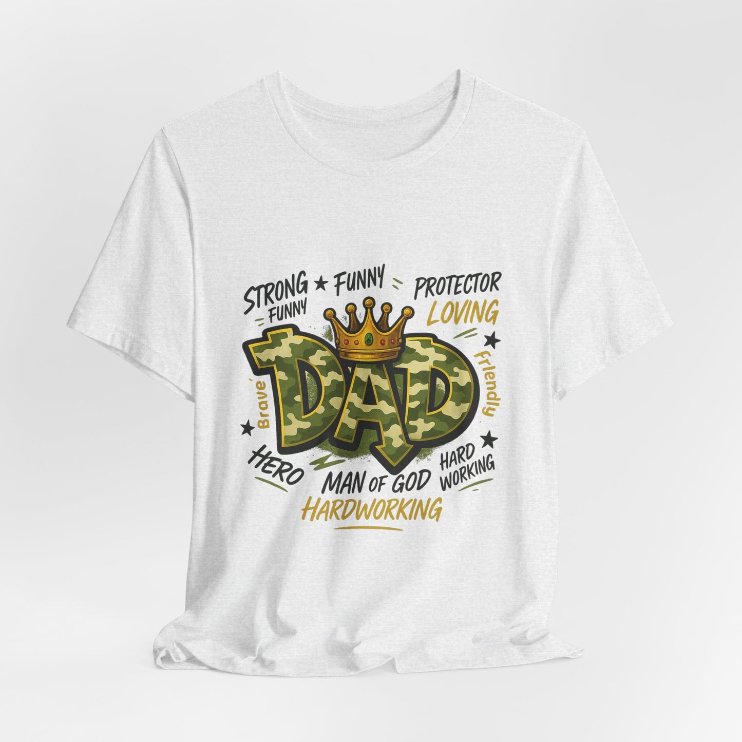Dad Camo Crown T-Shirt — 'DAD' Graphic with 'Man of God, Hardworking' Father's Day Tee