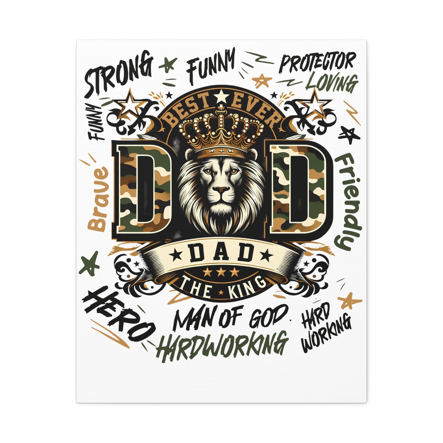 Dad The King Stretched Canvas Wall Art — 'Best Ever Dad' Lion Crown Father’s Day Gift