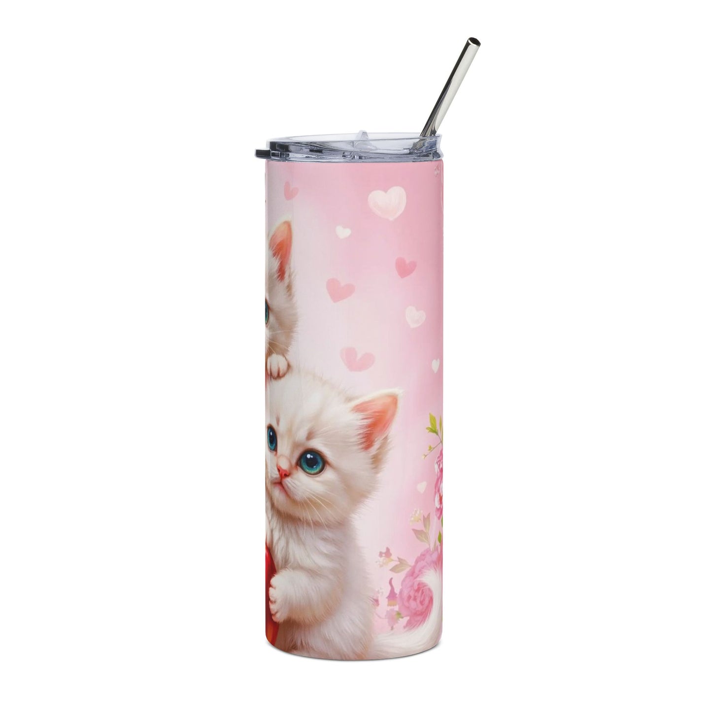 20oz Cute Kittens Stainless Steel Tumbler — Pink Cat, Apple & Butterfly Travel Cup