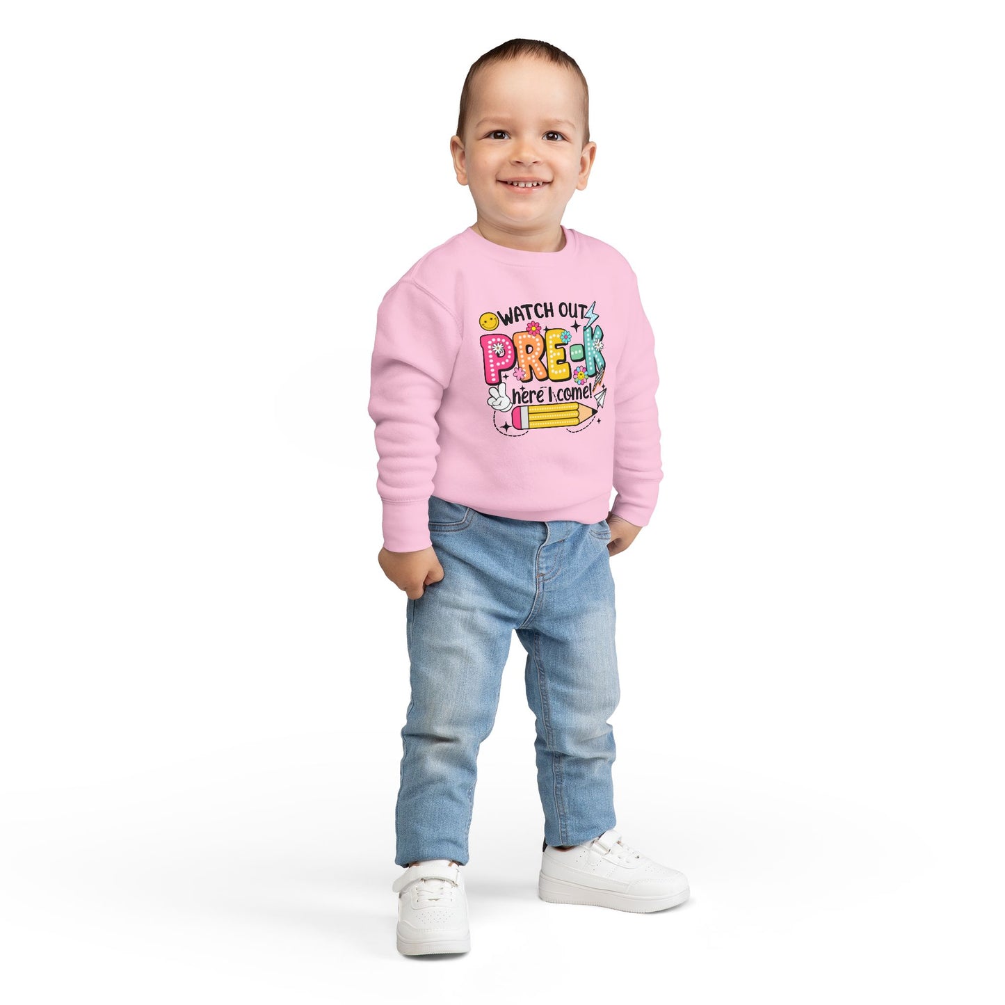 Toddler Sweatshirt — "Watch Out Pre-K Here I Come" Back-to-School Crewneck