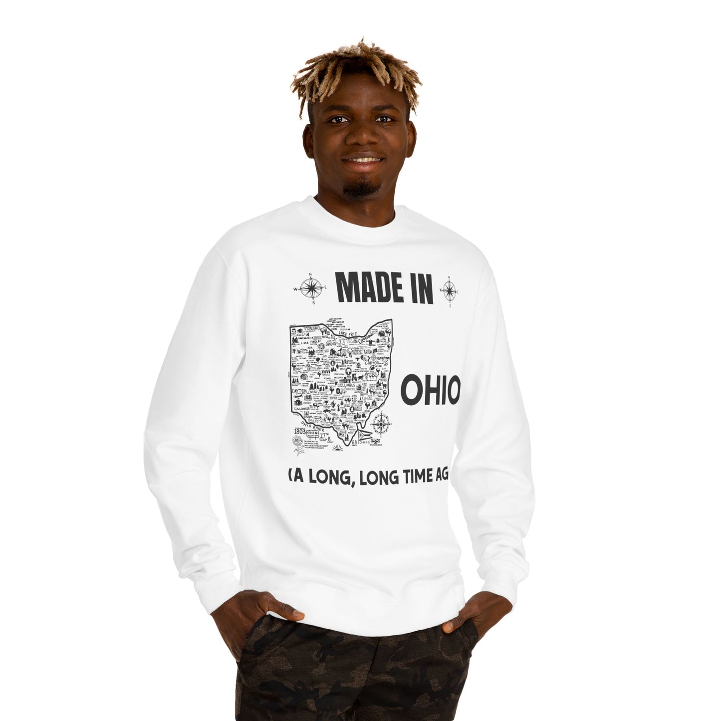 Made in Ohio Crewneck Sweatshirt — Vintage State Map "A Long, Long Time Ago"