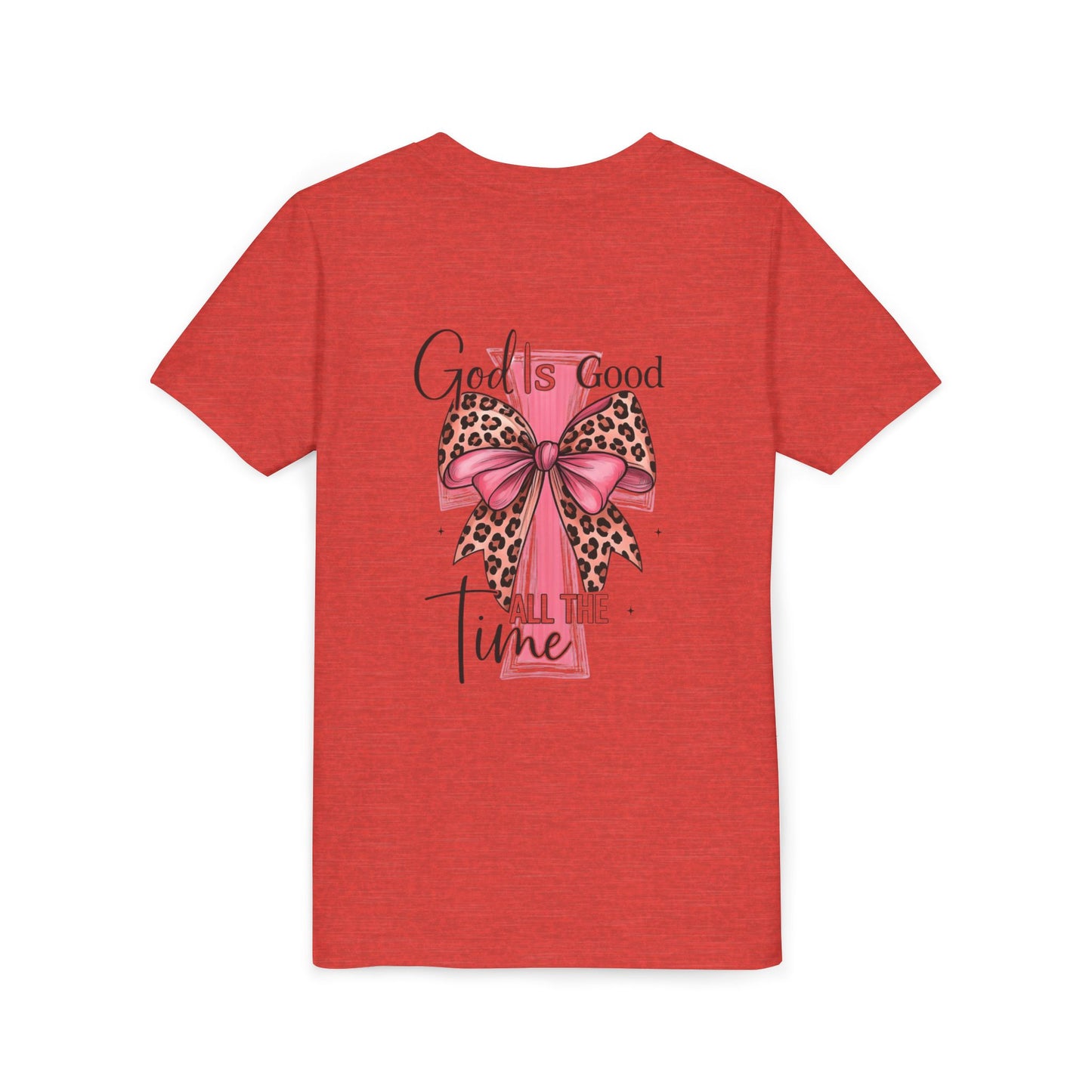 Youth Tee — "God is Good All the Time" Pink Cross with Leopard Bow