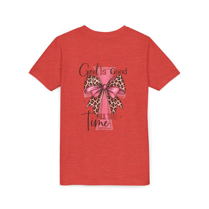 Youth Tee — "God is Good All the Time" Pink Cross with Leopard Bow