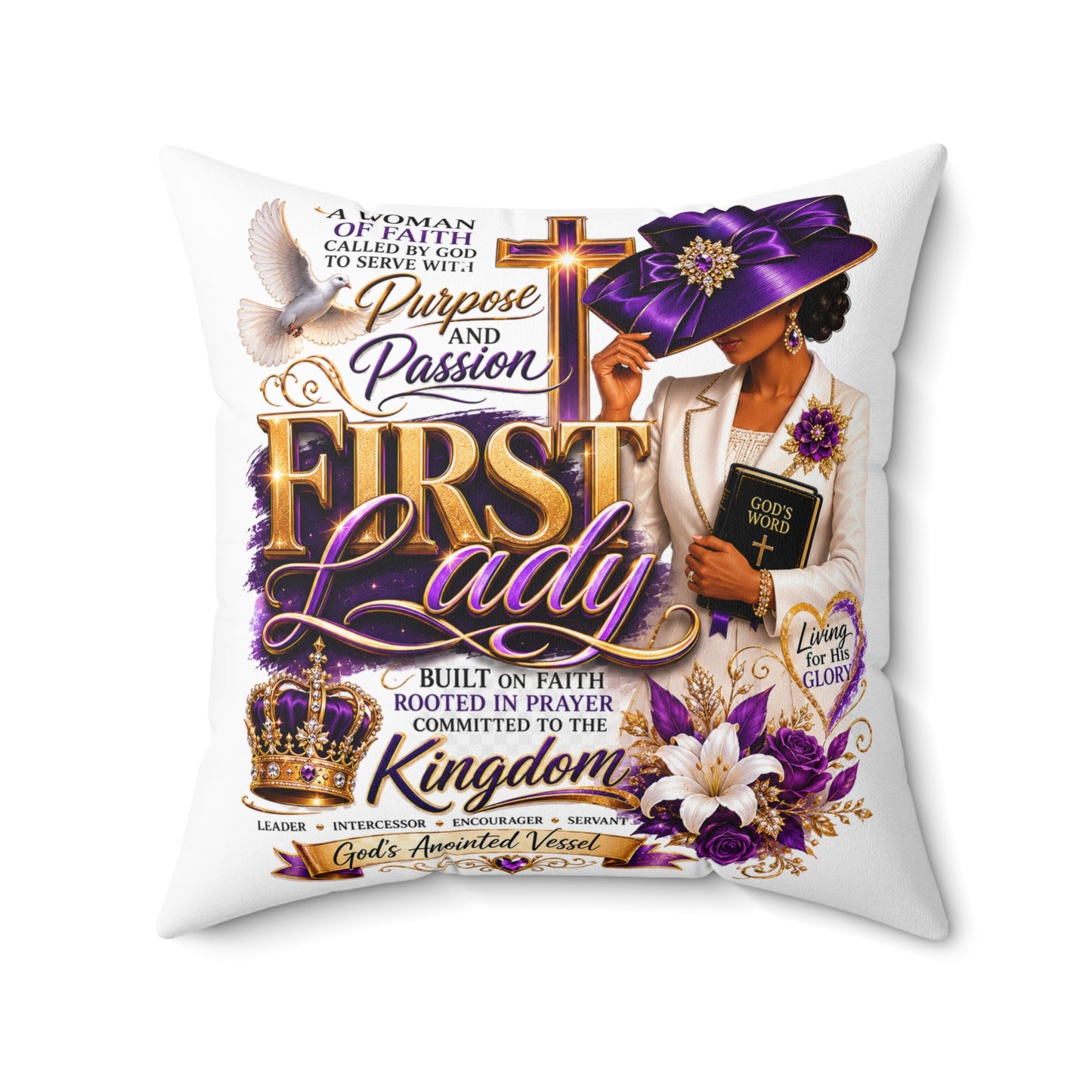 First Lady Faith Pillow — Inspirational Christian Decorative Throw Pillow (Purple Crown, 'Purpose and Passion')