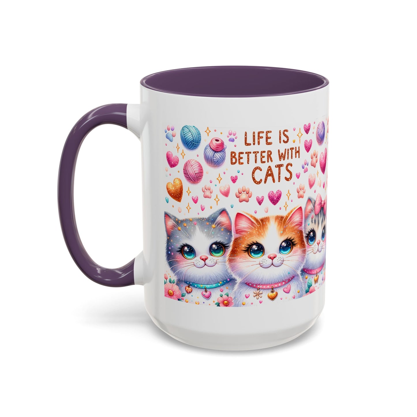 Cat Lover Accent Coffee Mug — "Life Is Better With Cats" Cute Kittens Design (11/15oz)