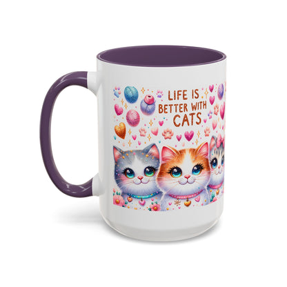 Cat Lover Accent Coffee Mug — "Life Is Better With Cats" Cute Kittens Design (11/15oz)