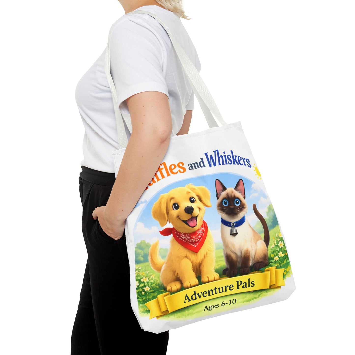 Waffles & Whiskers Adventure Pals Tote Bag — Cute Puppy and Kitten Kids Book Design