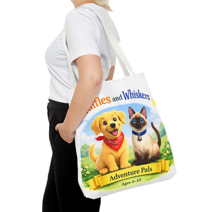 Waffles & Whiskers Adventure Pals Tote Bag — Cute Puppy and Kitten Kids Book Design