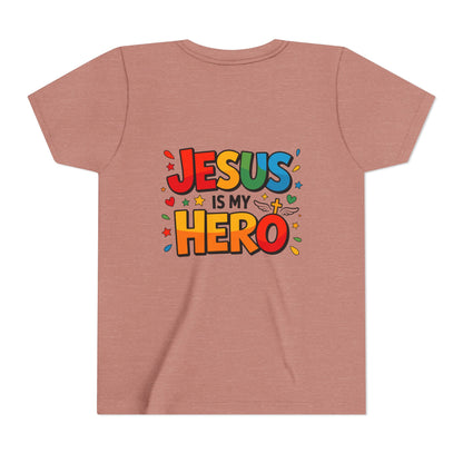 Youth Tee — "Jesus Is My Hero" Colorful Kids Christian T-Shirt
