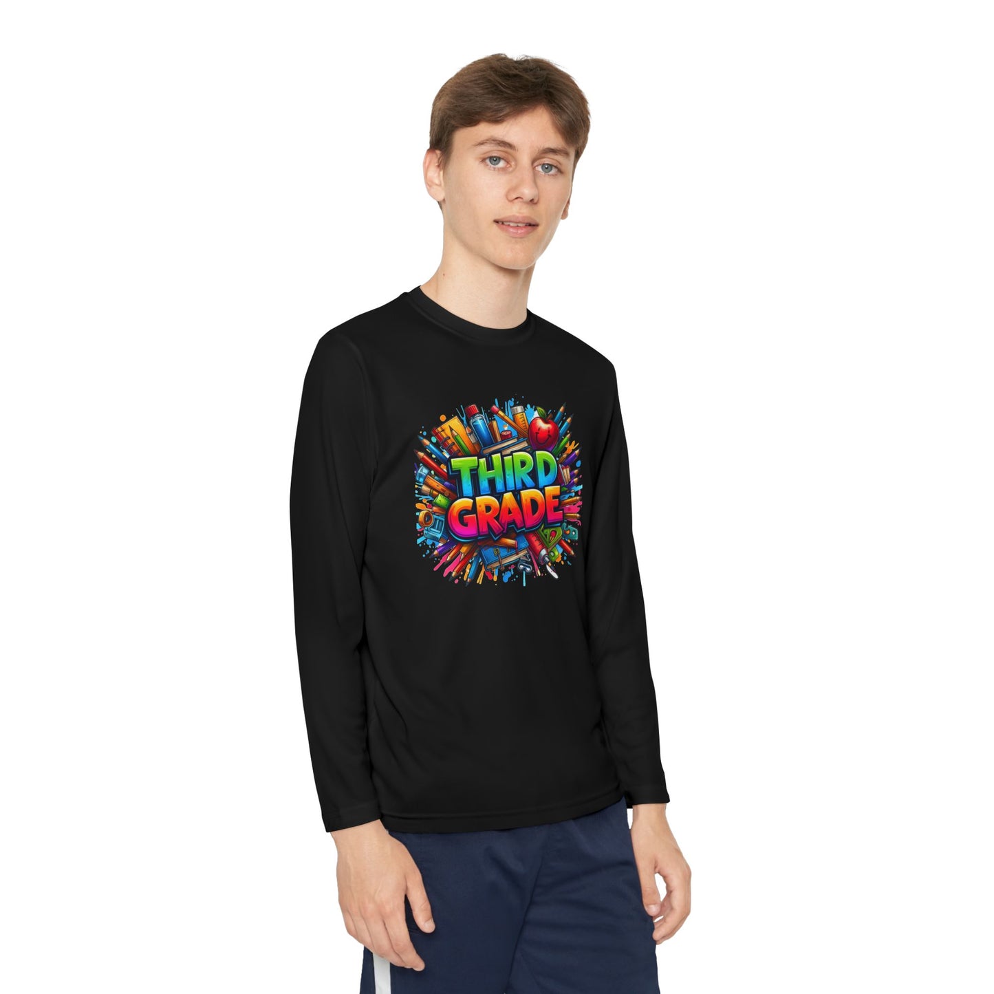 Third Grade Youth Long Sleeve Tee — Colorful School Supplies Design