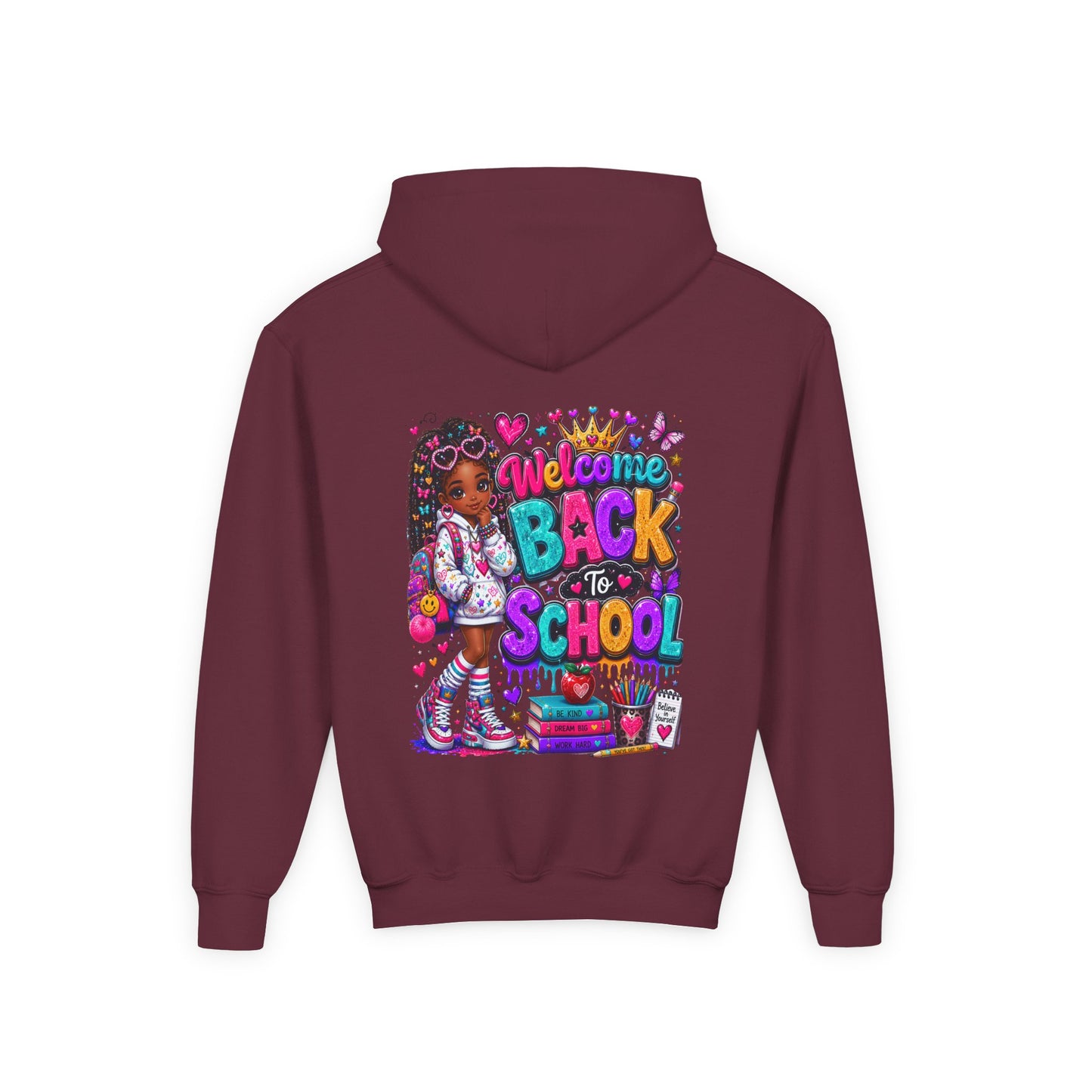 Welcome Back to School Youth Hoodie — Colorful Girl Backpack Design