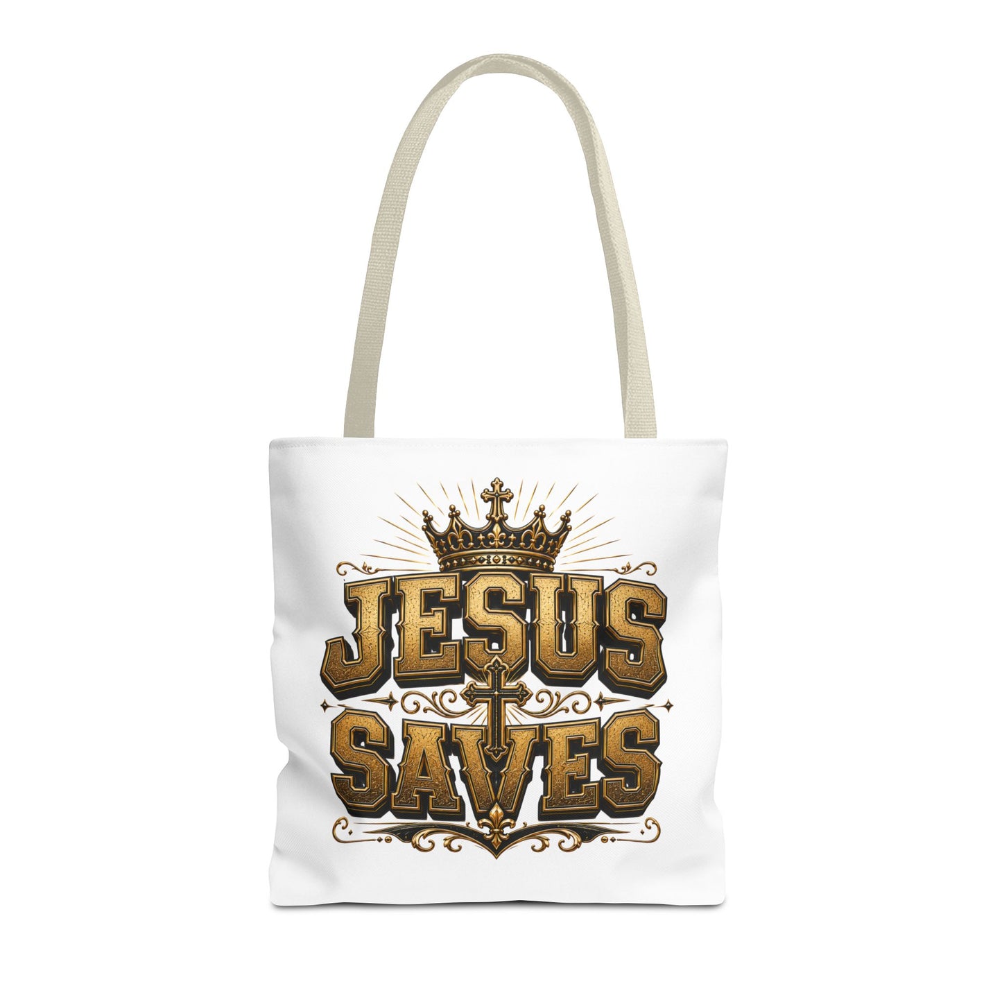 Jesus Saves Tote Bag — Christian Gospel Canvas Carryall with Crown & Cross Design
