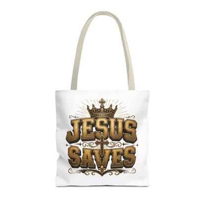 Jesus Saves Tote Bag — Christian Gospel Canvas Carryall with Crown & Cross Design