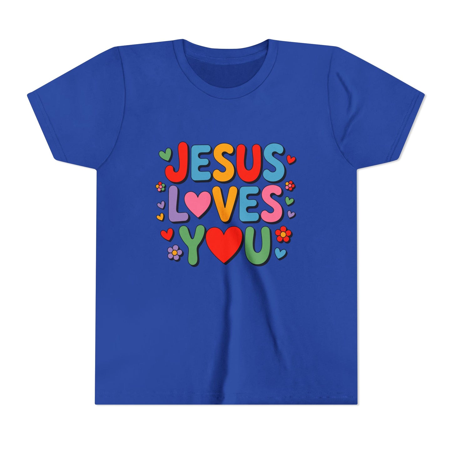 Youth Tee - "Jesus Loves You" Colorful Heart & Flower Christian Shirt
