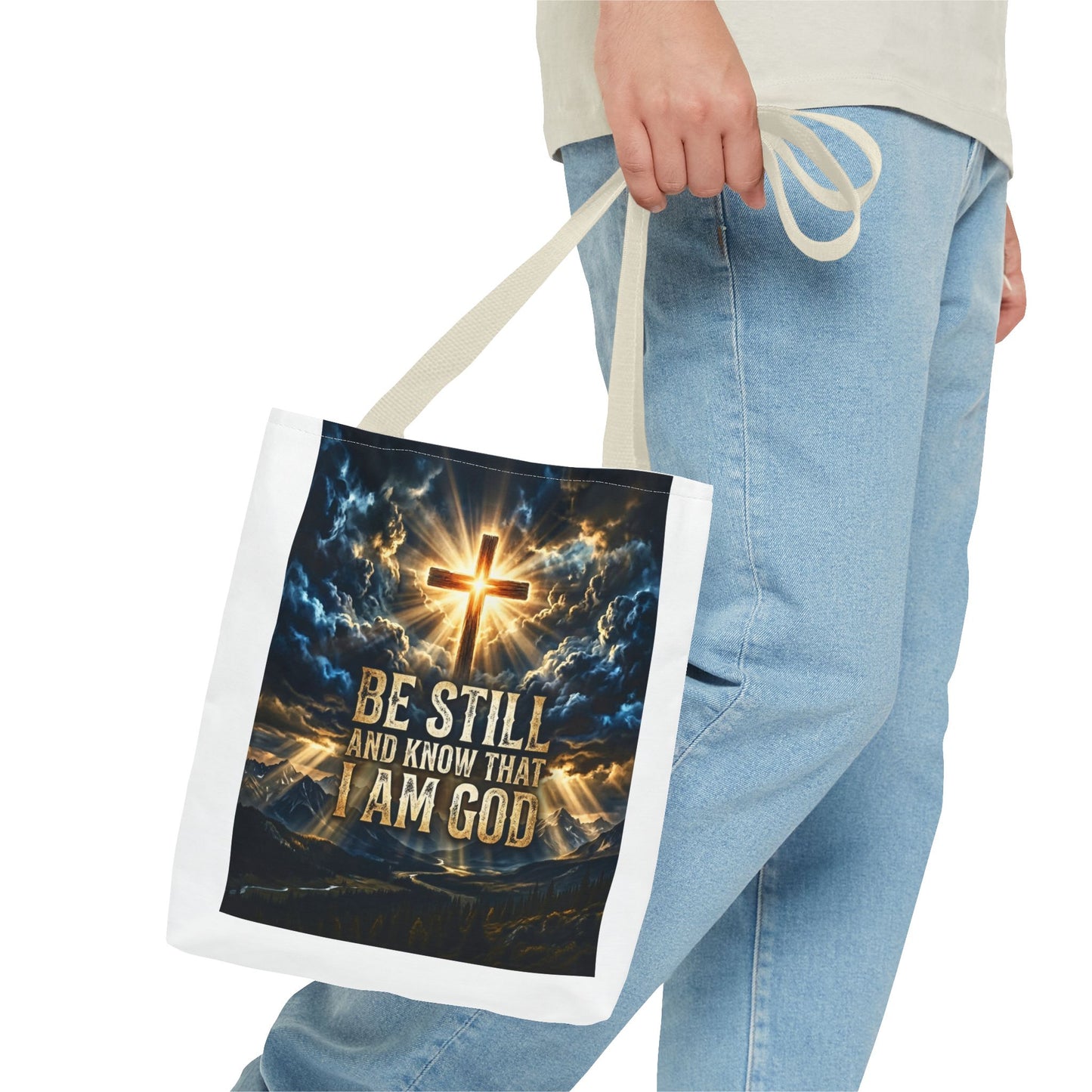 Christian Tote Bag – “Be Still and Know That I Am God” Inspirational Cross Tote
