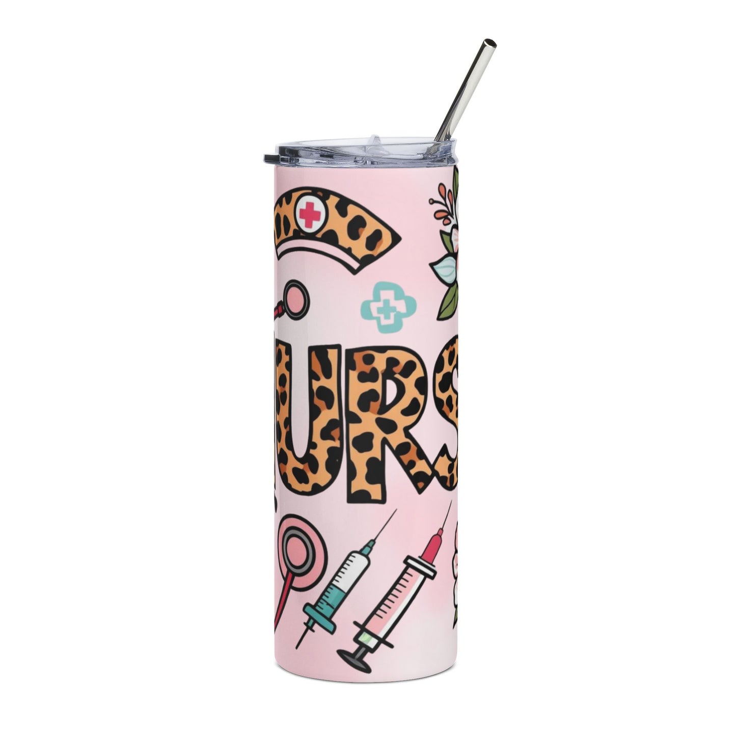 Nurse Leopard Print 20oz Stainless Tumbler – Pink Medical Stethoscope & Syringe Travel Mug