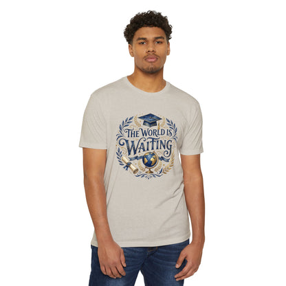Graduation T-Shirt - "The World Is Waiting" Cap & Globe Design
