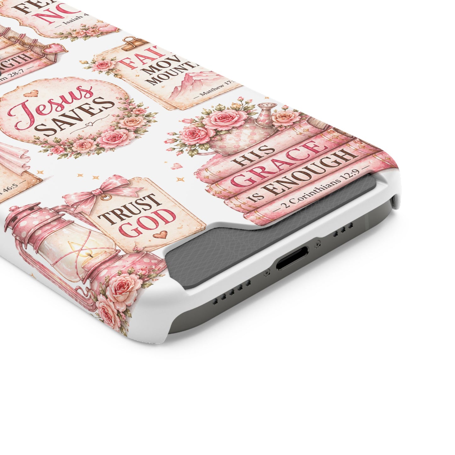 Christian Phone Case with Card Holder — 'Jesus Saves' Floral Scripture Design