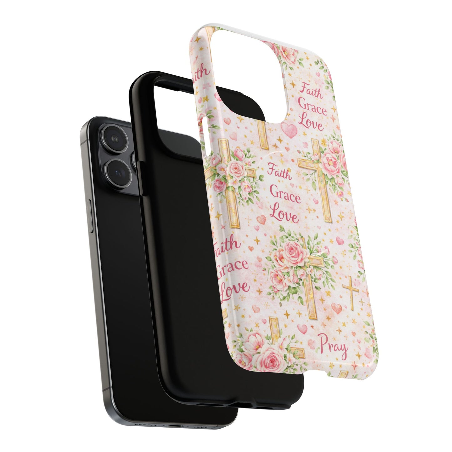 Christian Floral Cross Phone Case — "Faith Grace Love" Tough Magnetic Case
