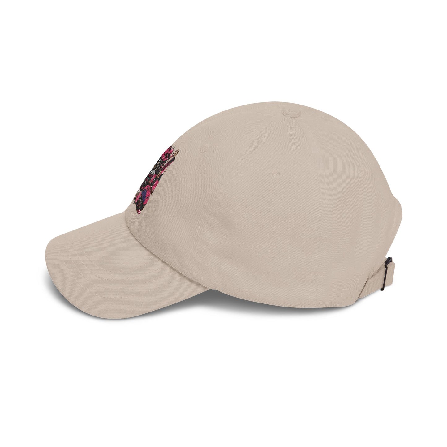 Baseball Cap — 'Nails, Bangs, & Beauty' Pink Cosmetics Embroidered Dad Hat