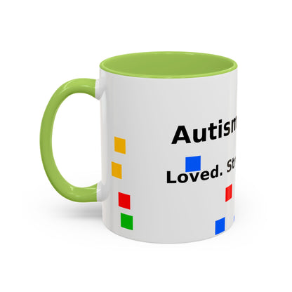 Autism Warrior Accent Coffee Mug – Bold Puzzle Pieces, Proud. Strong. Unique. (11/15oz)