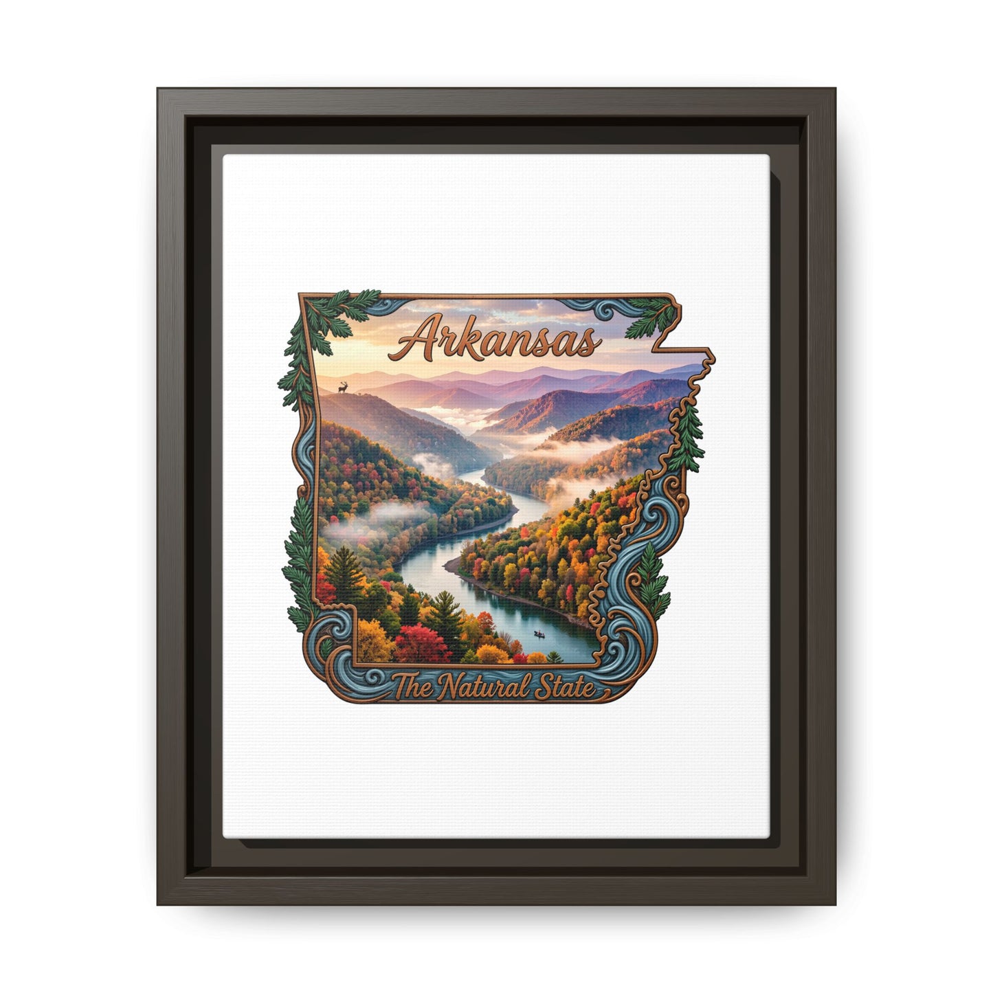 Arkansas Scenic State Map Canvas — "The Natural State" Framed Wall Art