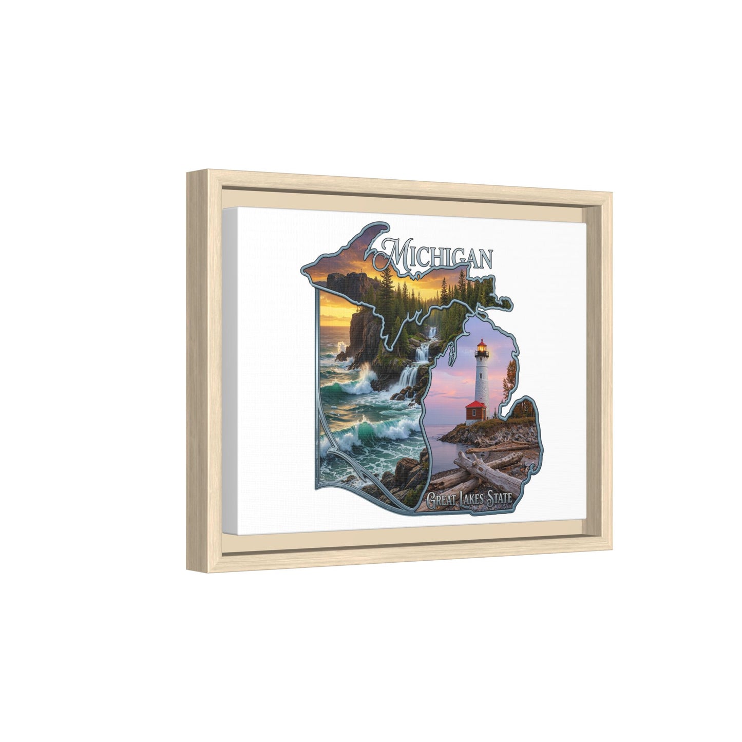 Michigan Framed Canvas Wall Art — Great Lakes State Lighthouse & Shoreline Print