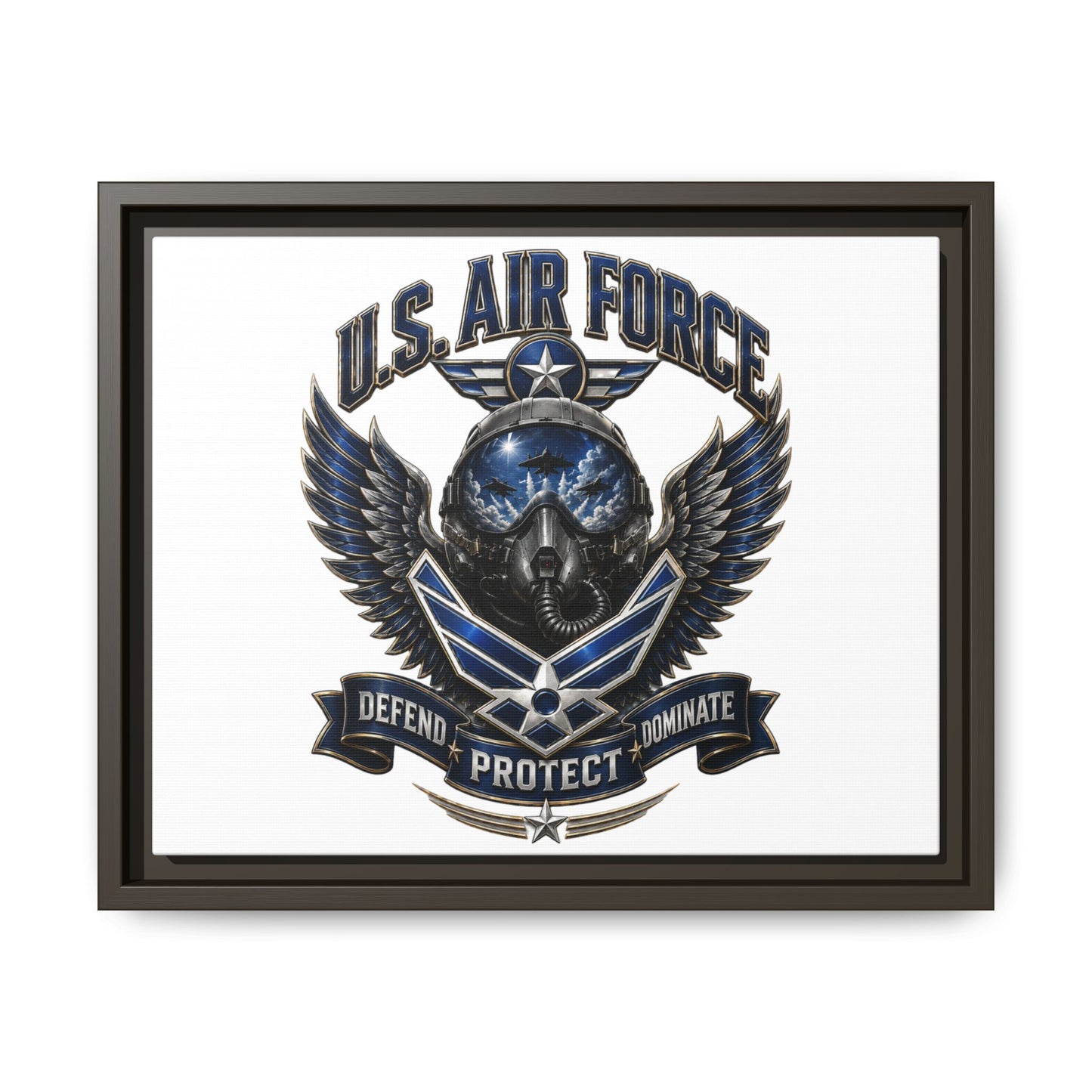 U.S. Air Force Emblem Framed Canvas Print – "Defend Protect Dominate" Military Wall Art