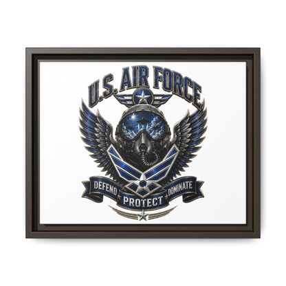 U.S. Air Force Emblem Framed Canvas Print – "Defend Protect Dominate" Military Wall Art