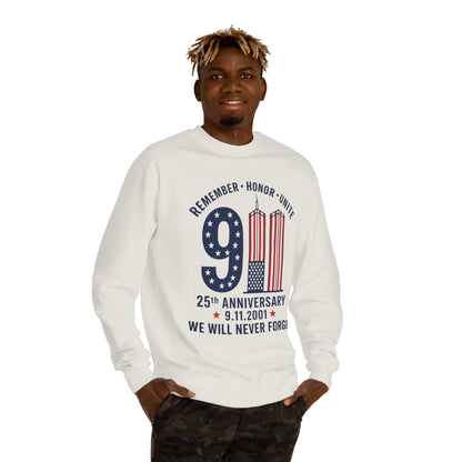 9/11 Remembrance Crewneck Sweatshirt — 25th Anniversary "We Will Never Forget"