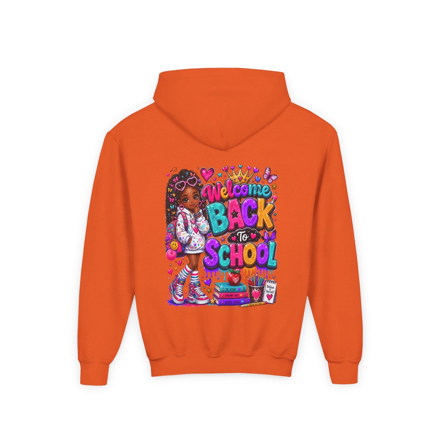 Welcome Back to School Youth Hoodie — Colorful Girl Backpack Design