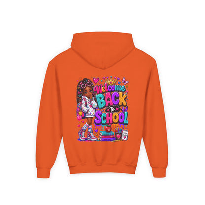 Welcome Back to School Youth Hoodie — Colorful Girl Backpack Design