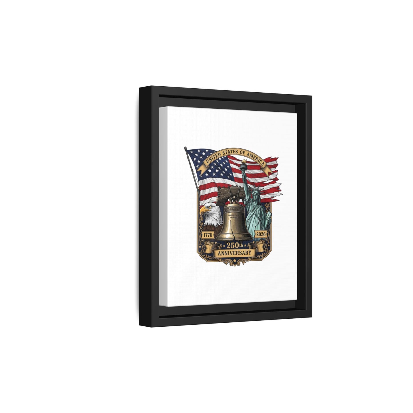 Liberty 250th Anniversary Framed Canvas Print — American Flag, Statue of Liberty & Liberty Bell Art