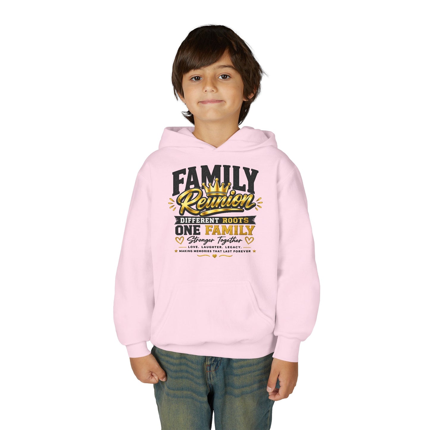 Family Reunion Hoodie — "Different Roots One Family" Youth Pullover
