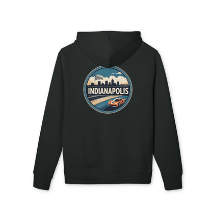 Indianapolis Racing Hoodie — Retro City Skyline & Racecar Design