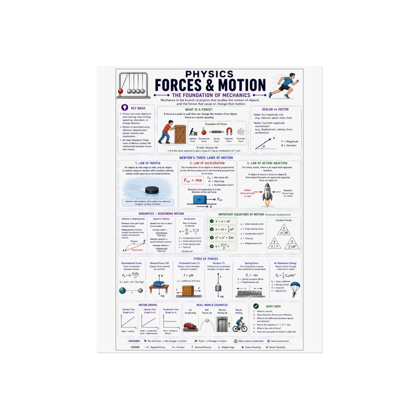 Physics Forces & Motion Educational Poster — Forces and Motion Study Guide