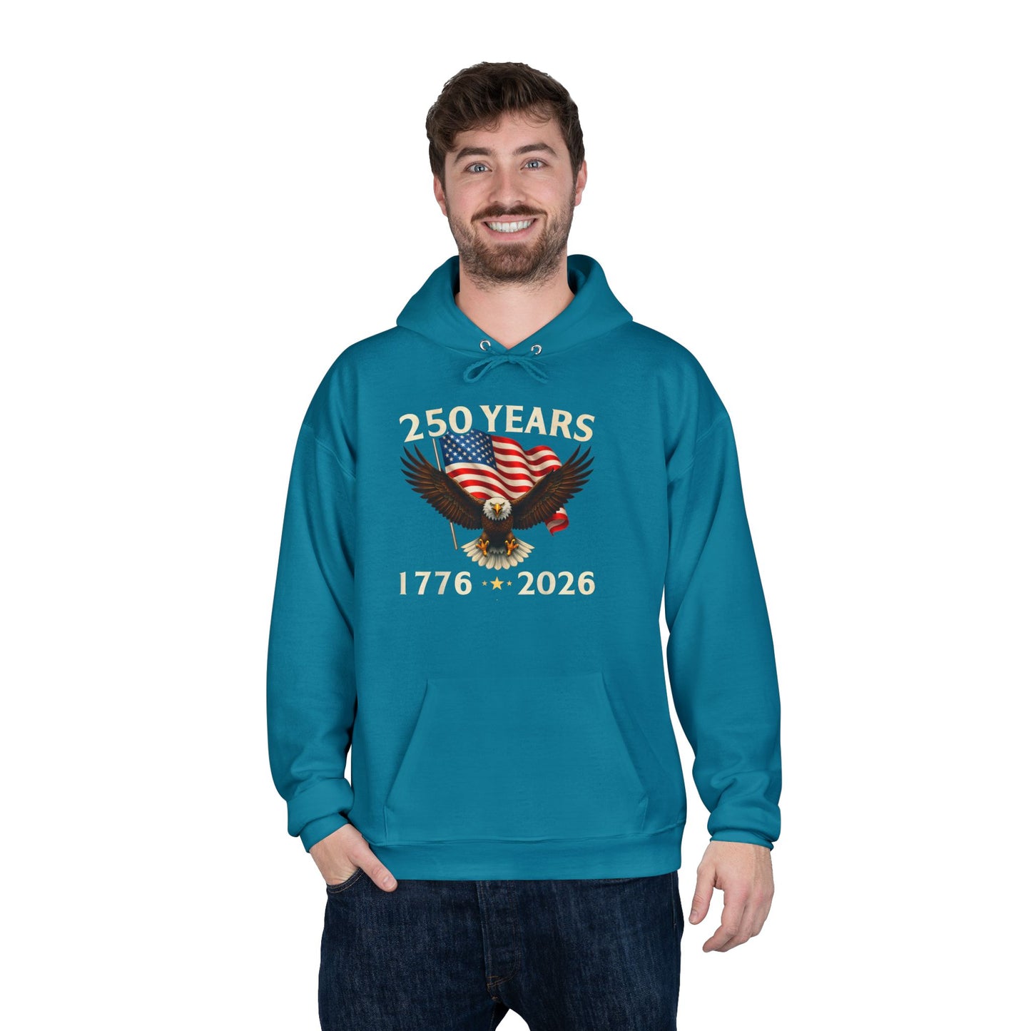 250 Years 1776–2026 Eagle Hoodie — American Flag Bicentennial Celebration Pullover