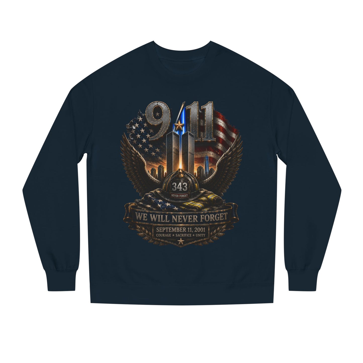 9/11 We Will Never Forget Crewneck Sweatshirt – Memorial Tribute