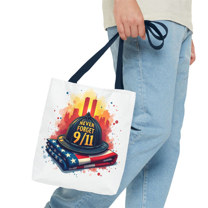 Never Forget 9/11 Memorial Tote Bag — Firefighter Helmet & Flag Tribute