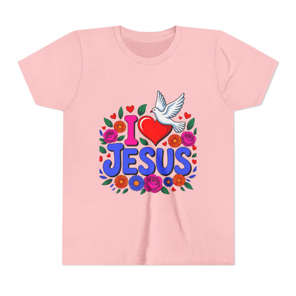 Youth Tee — "I  Jesus" Colorful Dove & Floral Christian Shirt