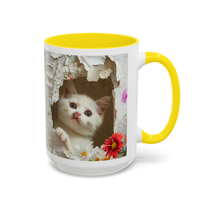 Peek-A-Boo Kitten Accent Coffee Mug — Cute Cat Floral Design (11/15oz)