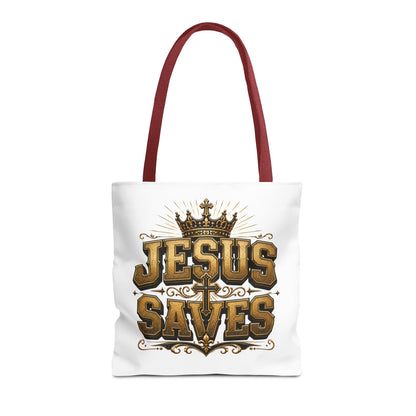 Jesus Saves Tote Bag — Christian Gospel Canvas Carryall with Crown & Cross Design