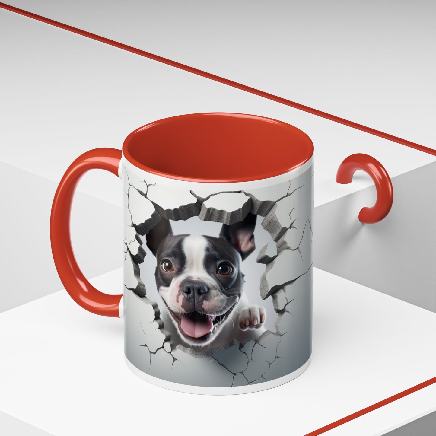 Coffee Mug — Happy Boston Terrier Breaking Through Design (Accent 11/15oz)