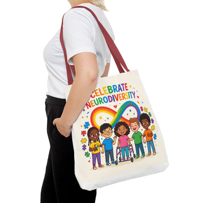 Celebrate Neurodiversity Tote Bag — Rainbow Infinity Symbol with Diverse Kids