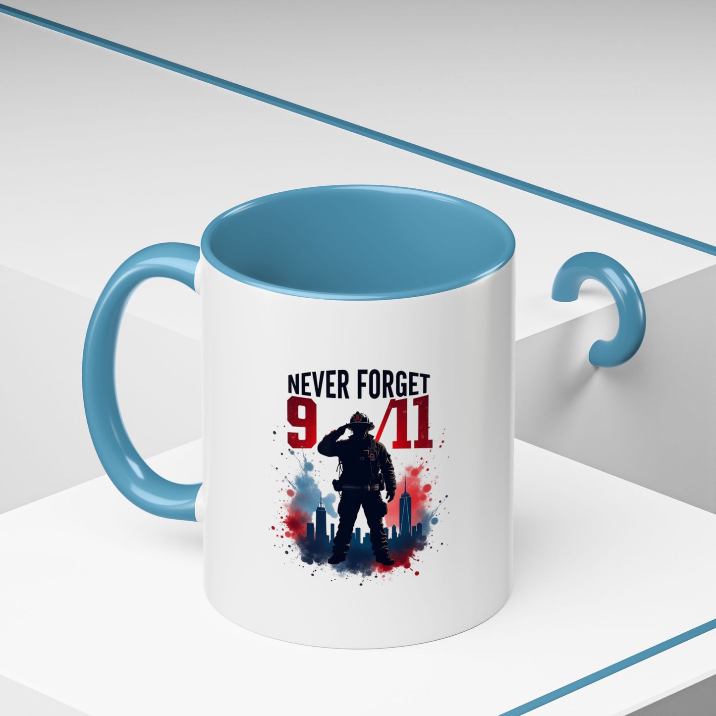 Never Forget 9/11 Accent Coffee Mug — Patriotic Memorial Tribute (11oz, 15oz)