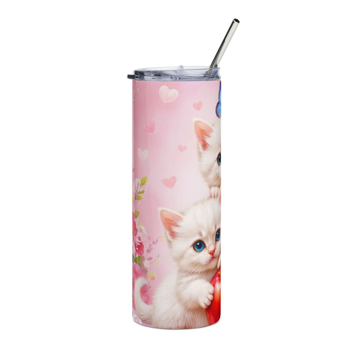 20oz Cute Kittens Stainless Steel Tumbler — Pink Cat, Apple & Butterfly Travel Cup