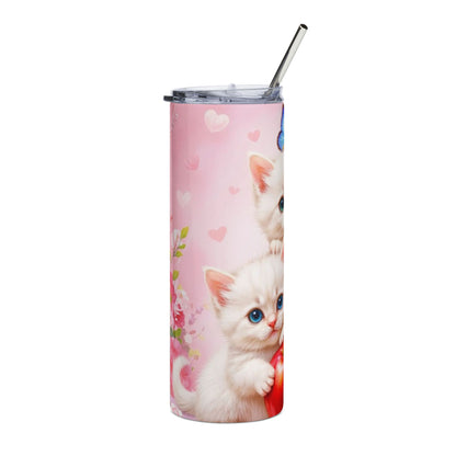 20oz Cute Kittens Stainless Steel Tumbler — Pink Cat, Apple & Butterfly Travel Cup