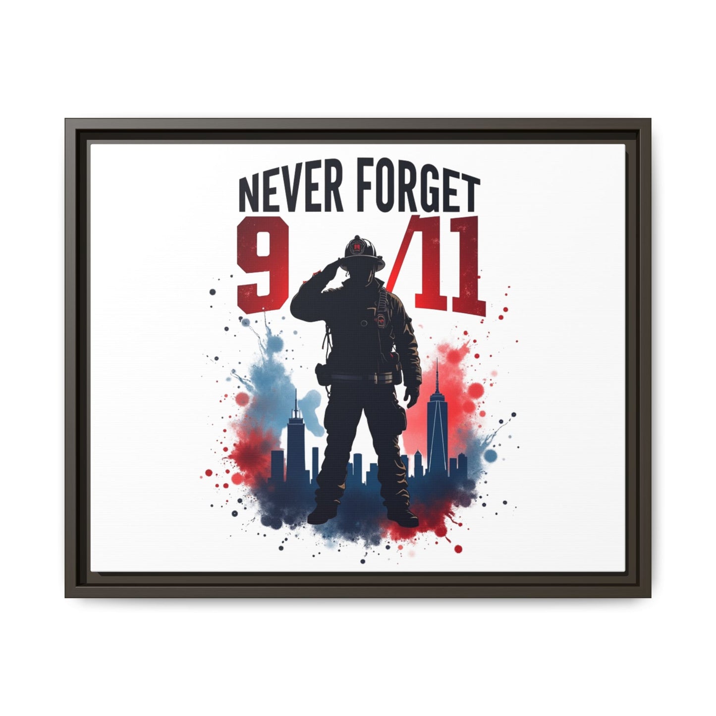 Never Forget 9/11 Framed Canvas Print — Patriotic Firefighter Memorial Art