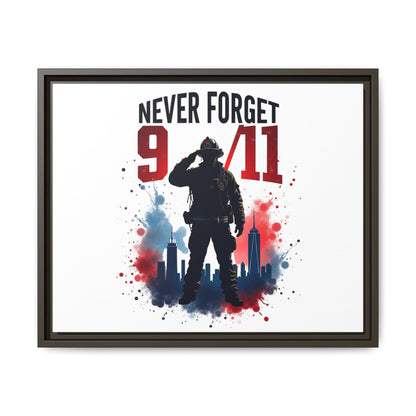Never Forget 9/11 Framed Canvas Print — Patriotic Firefighter Memorial Art